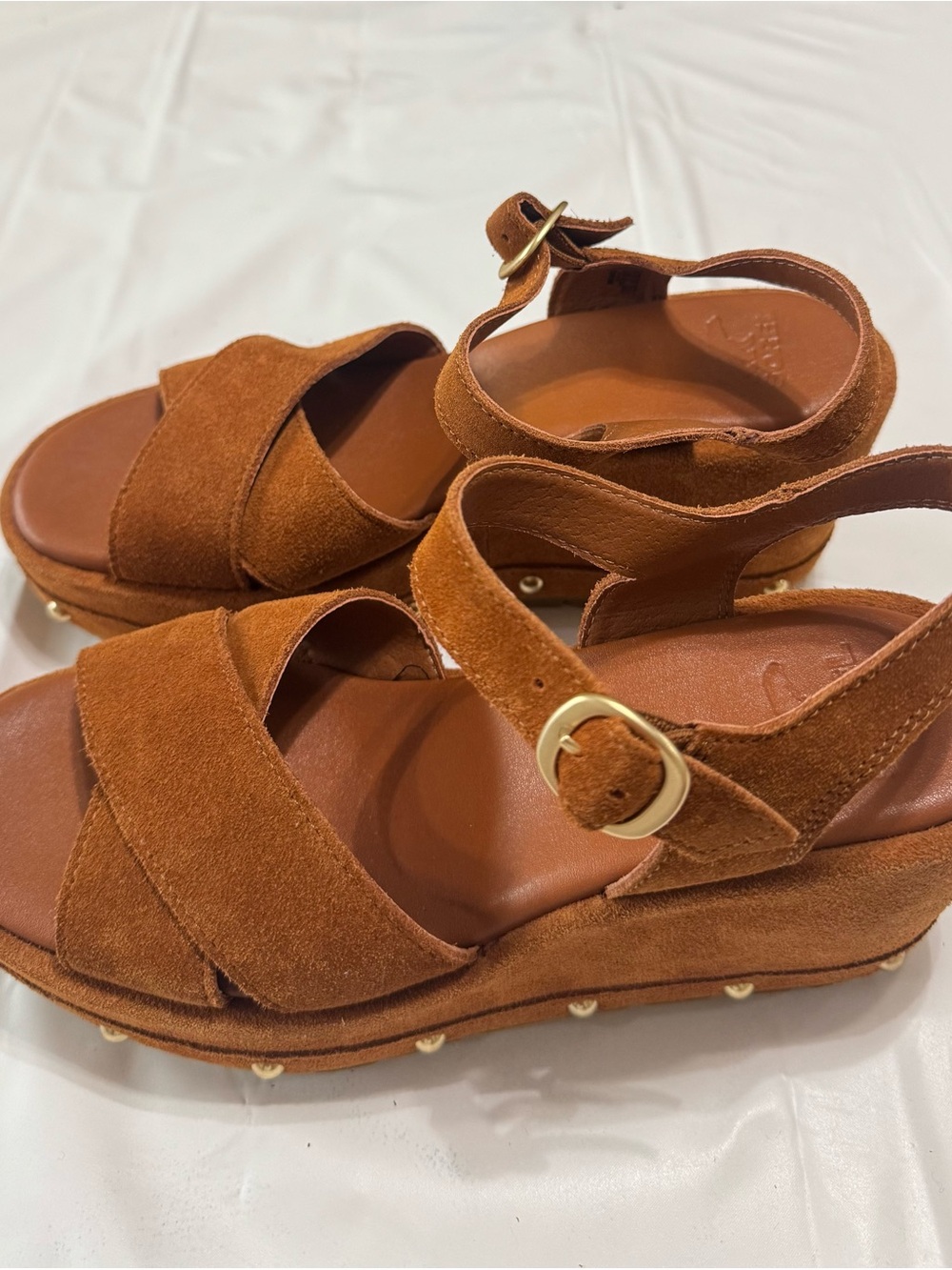 Sorel Brown Suede Studded Wedge Sandals with Ankle Strap - Picture 7 of 8